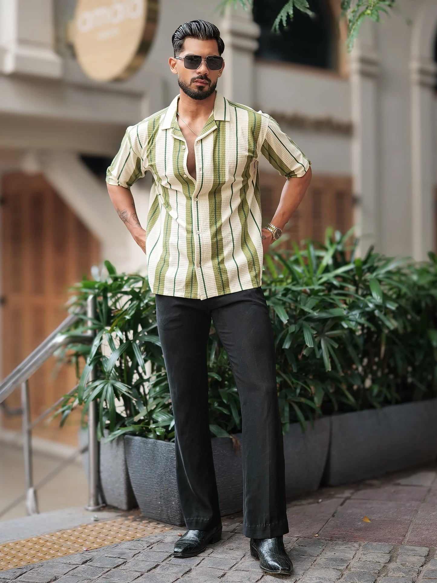 Lightweight Cream Miami Stripe Shirt Men Half Sleeve Everyday Wear