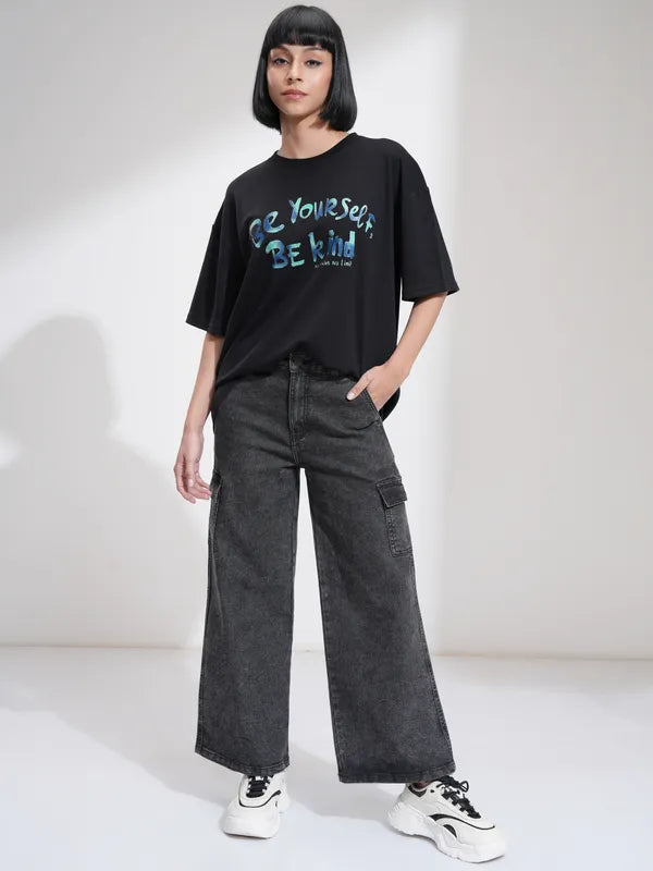 Elegant Black Wide Leg Stretchable Denim Pants for Women Casual Wear