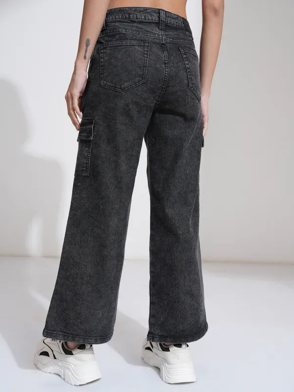 Elegant Black Wide Leg Stretchable Denim Pants for Women Casual Wear