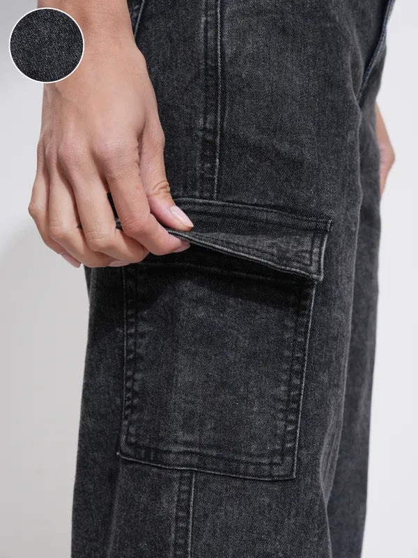 Elegant Black Wide Leg Stretchable Denim Pants for Women Casual Wear
