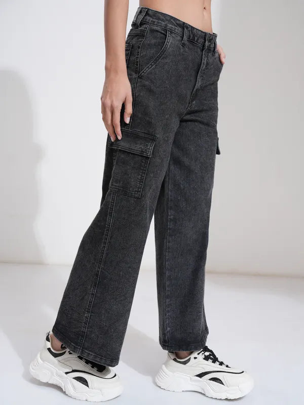 Elegant Black Wide Leg Stretchable Denim Pants for Women Casual Wear
