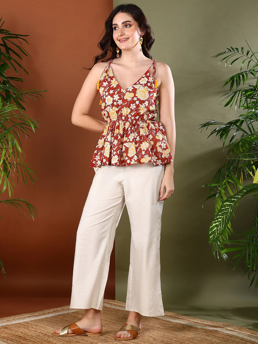 Women’s Lightweight Rust Floral Printed Short Peplum Top for Summer & Travel
