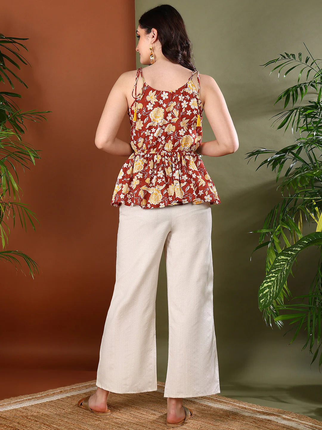 Women’s Lightweight Rust Floral Printed Short Peplum Top for Summer & Travel