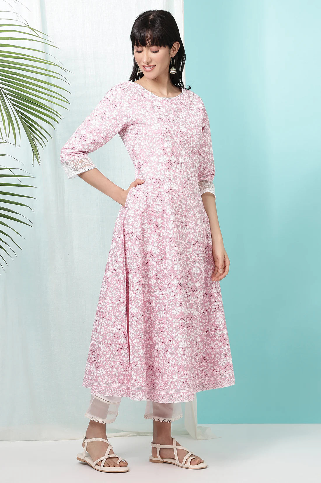 Pink Pure Cotton Floral Printed Anarkali Kurta for Women’s Party, Wedding, and Daily Wear