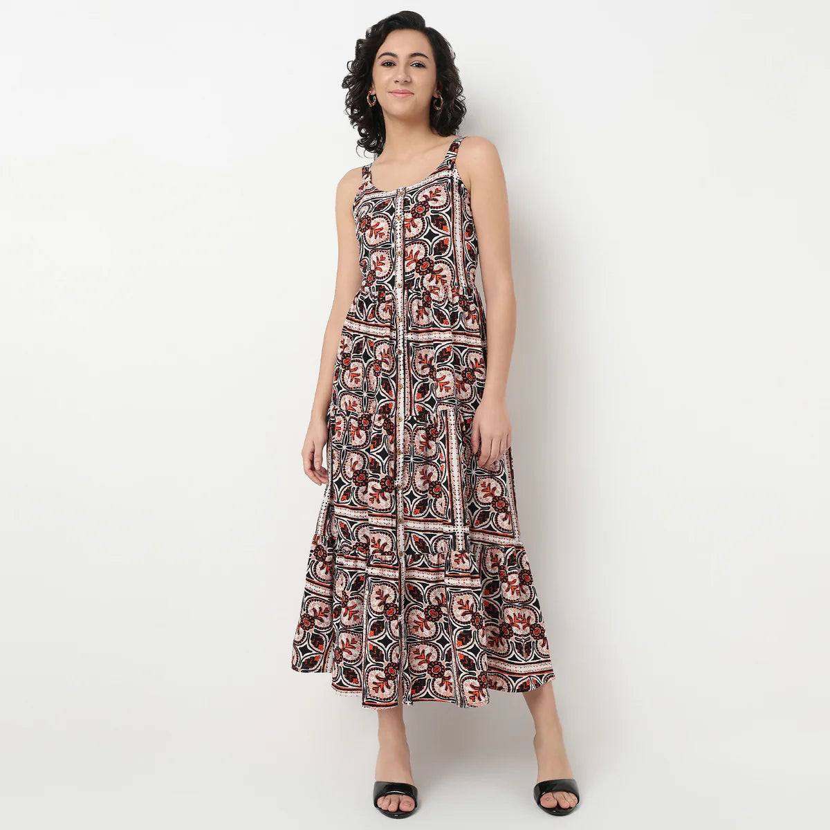Elegant Women’s Printed Flared Full-Length Dress with Flowing Silhouette for Party and Evening Wear