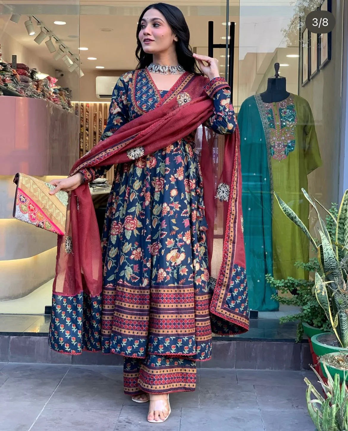 Women’s Stylish Printed Cotton Kurta Set with Pant and Dupatta Detailed with Sequins and Crochet Lace