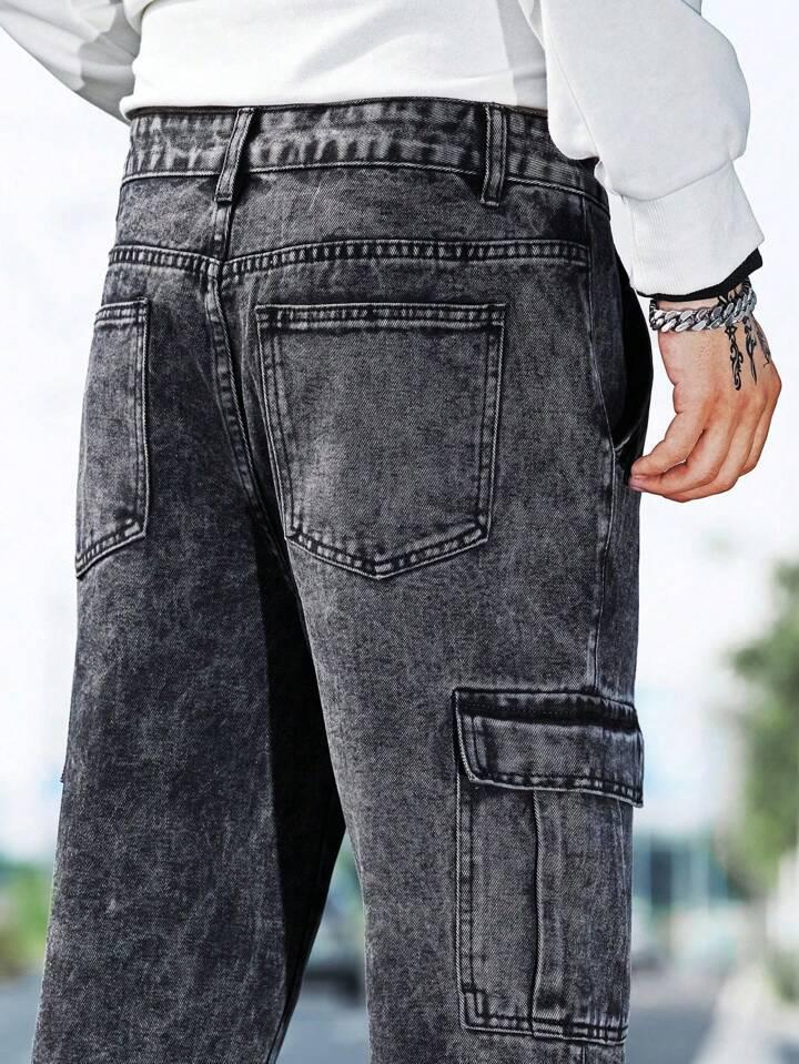 Men’s Wide-Leg Denim Cargo Jeans in Charcoal Black with 6 Pockets and Mid-Rise Comfort