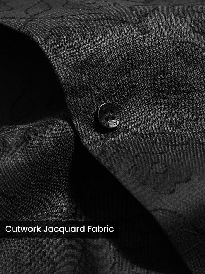 Black Jacquard Cutwork Cuban Collar Shirt for Men Smart Casual Look