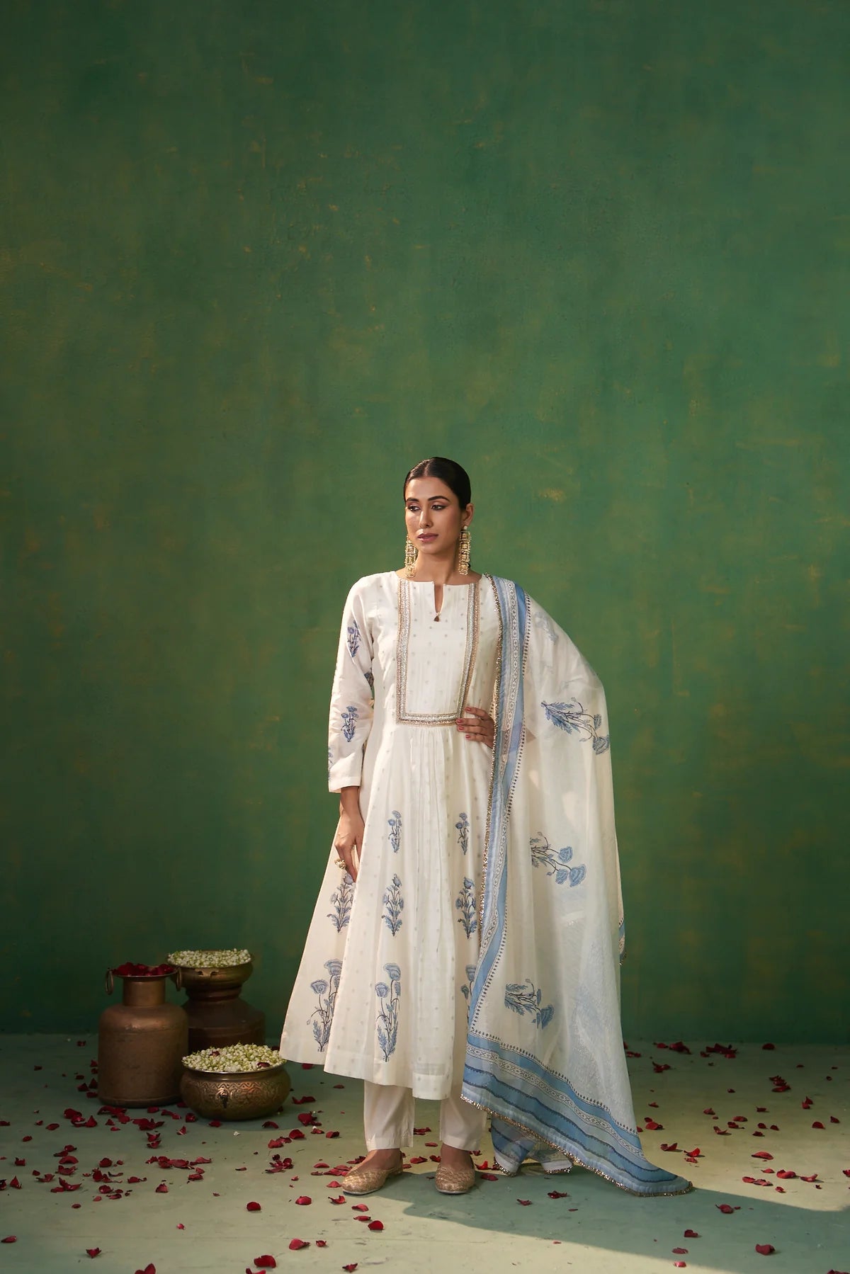Elegant Women’s Anarkali Set in Off White with Handblock Prints for Festive and Evening Wear