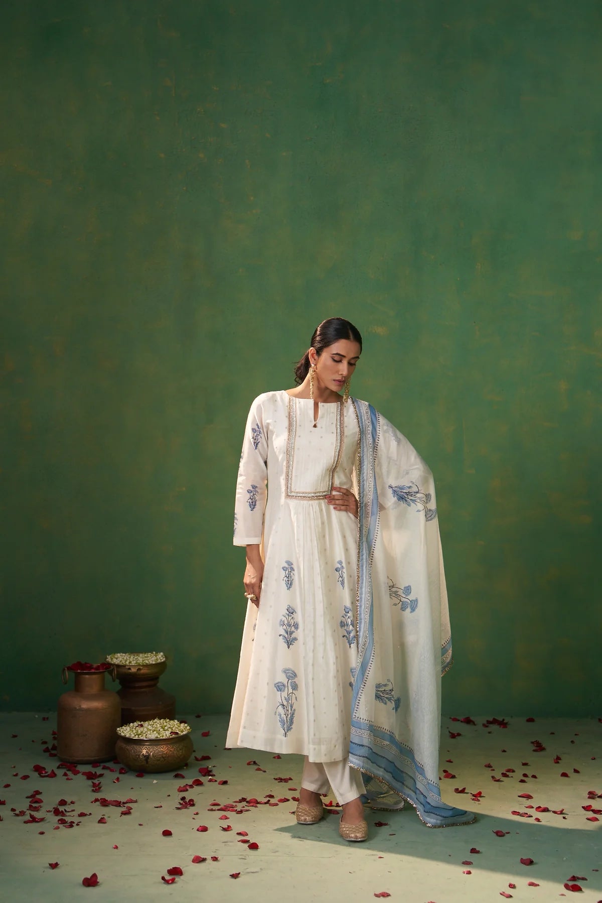 Elegant Women’s Anarkali Set in Off White with Handblock Prints for Festive and Evening Wear