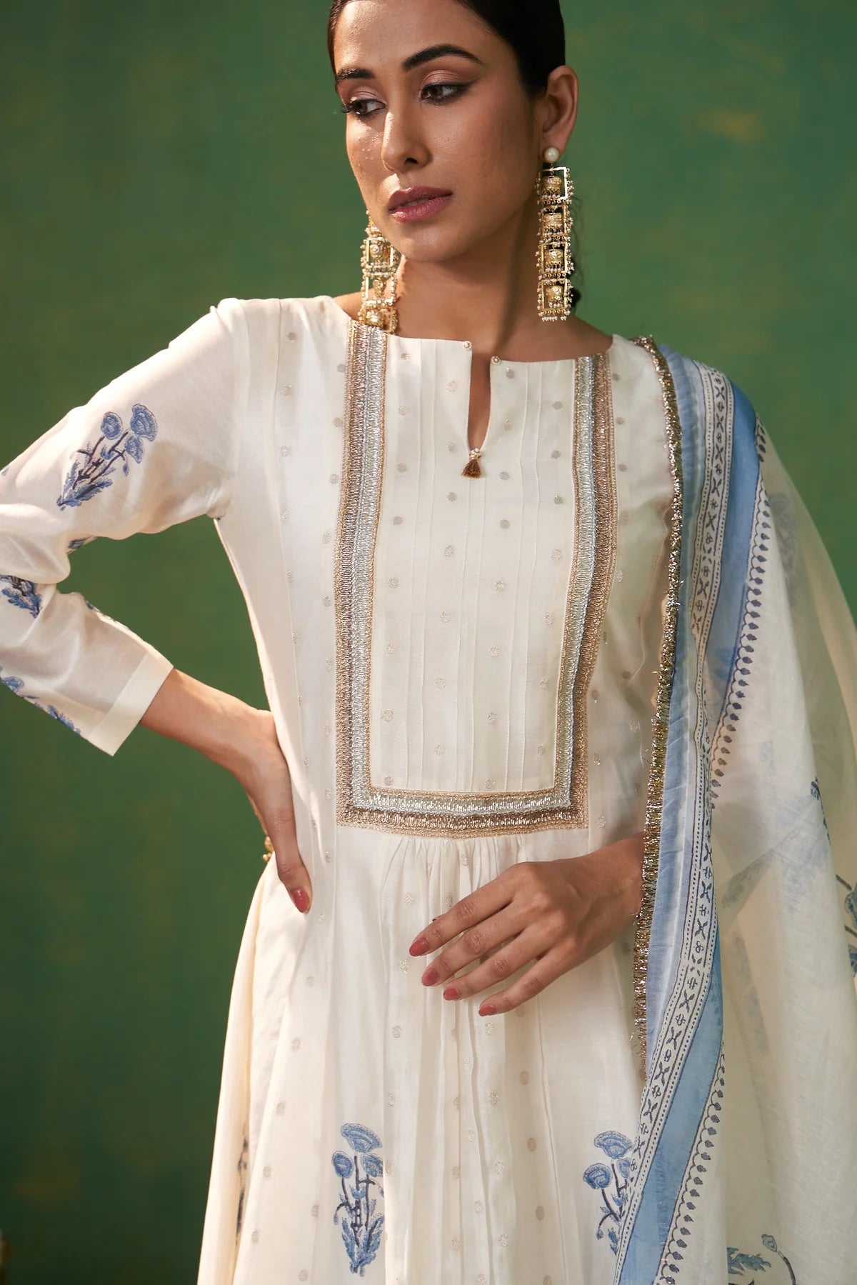 Elegant Women’s Anarkali Set in Off White with Handblock Prints for Festive and Evening Wear
