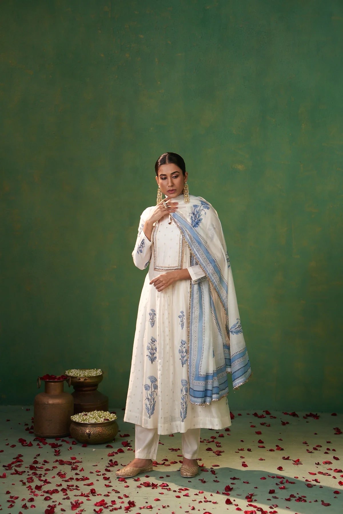 Elegant Women’s Anarkali Set in Off White with Handblock Prints for Festive and Evening Wear