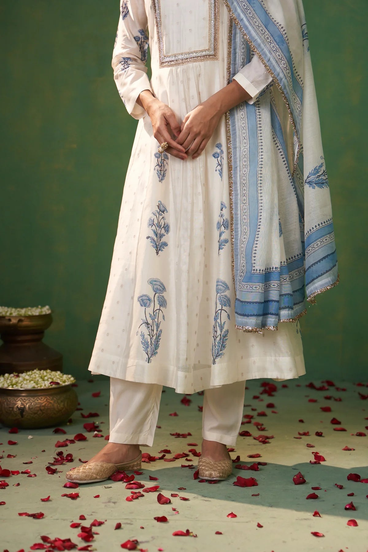 Elegant Women’s Anarkali Set in Off White with Handblock Prints for Festive and Evening Wear