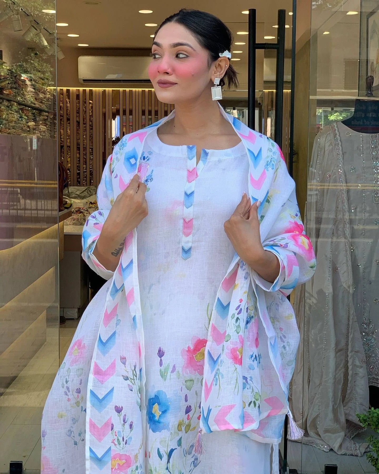 Elegant White Linen Kurti Set with Intricate Embroidery for Women’s Special Occasions and Gift Purpose