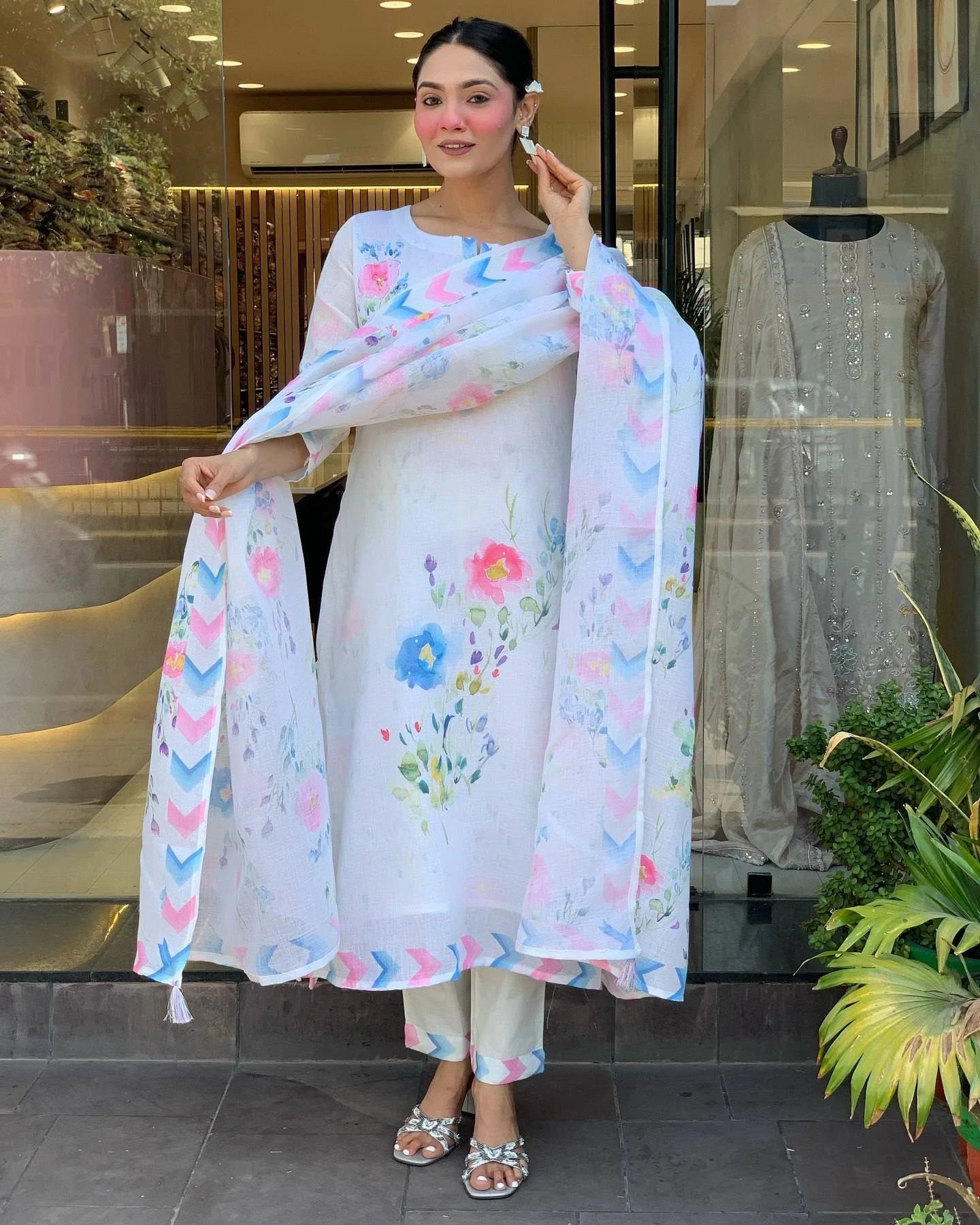 Elegant White Linen Kurti Set with Intricate Embroidery for Women’s Special Occasions and Gift Purpose