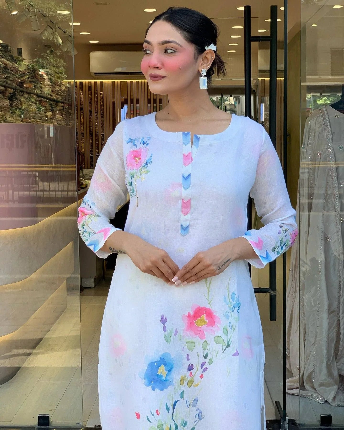 Elegant White Linen Kurti Set with Intricate Embroidery for Women’s Special Occasions and Gift Purpose