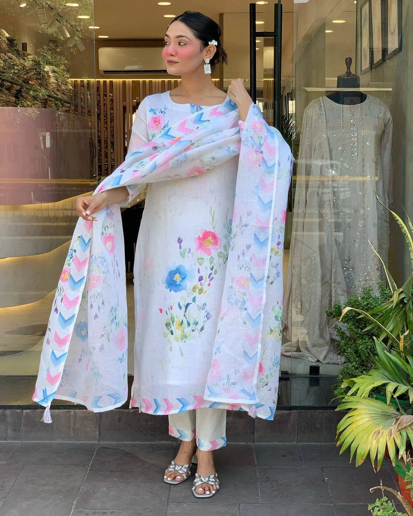 Elegant White Linen Kurti Set with Intricate Embroidery for Women’s Special Occasions and Gift Purpose
