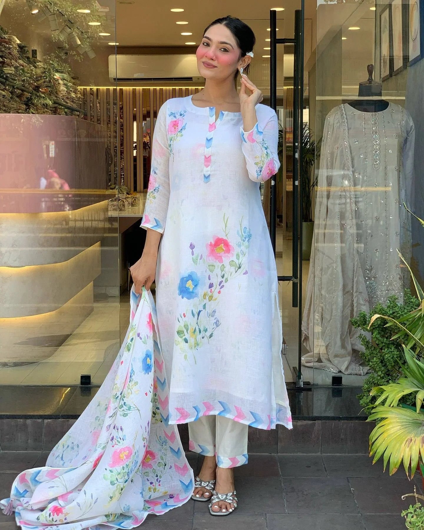Elegant White Linen Kurti Set with Intricate Embroidery for Women’s Special Occasions and Gift Purpose