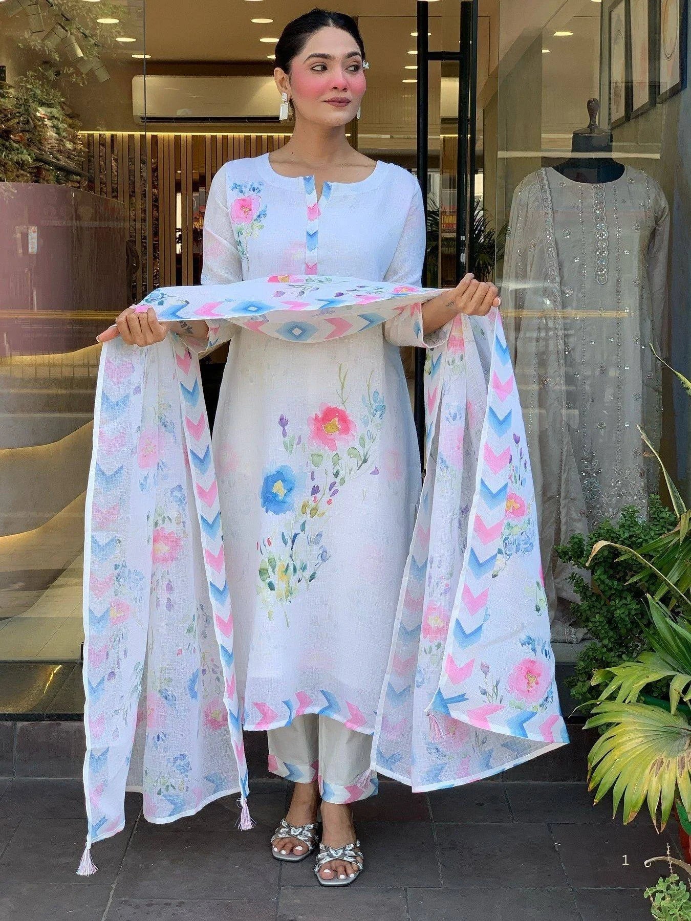 Elegant White Linen Kurti Set with Intricate Embroidery for Women’s Special Occasions and Gift Purpose