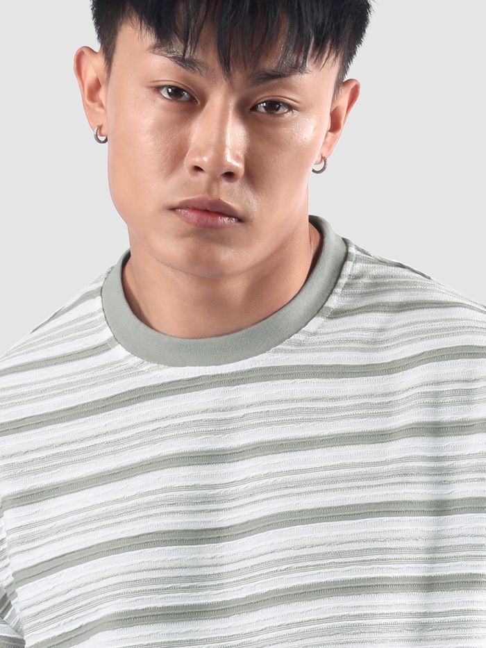 Men’s Relaxed Fit Grey Stripe Textured Oversized T-Shirt for Summer & Travel