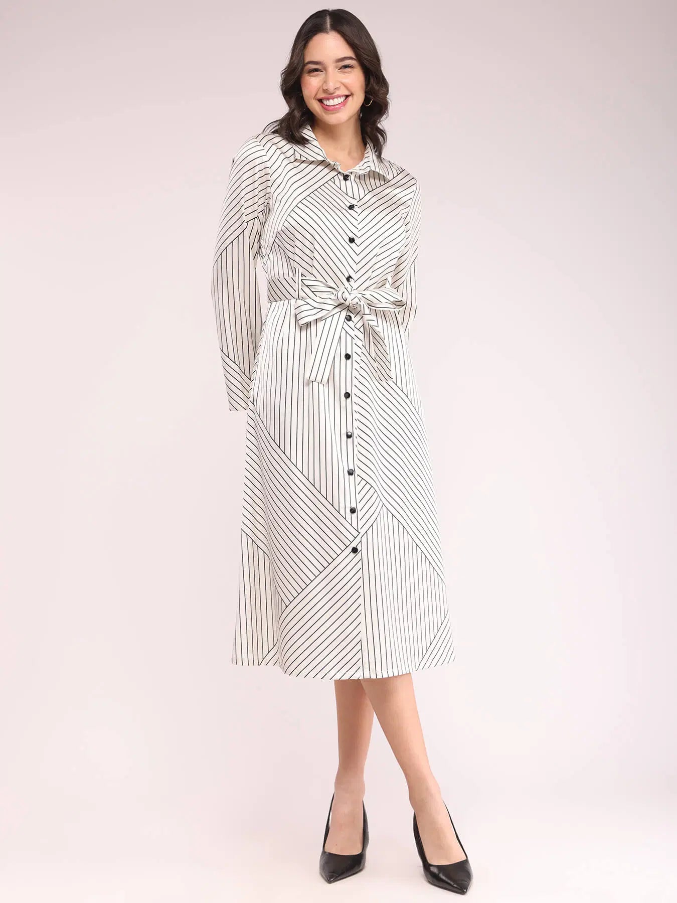 Versatile Ecru and Black Button Down Shirt Dress for Daily Wear