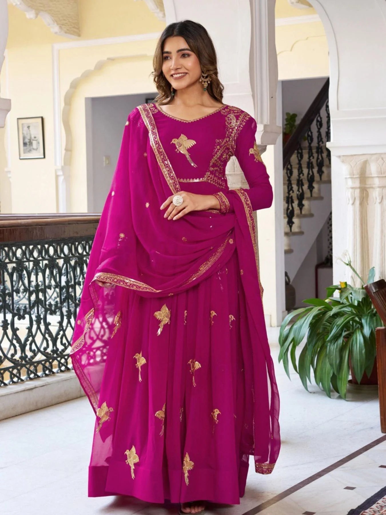 Sophisticated Magenta Embroidered Anarkali Gown Set with Dupatta for Women for Weddings and Receptions