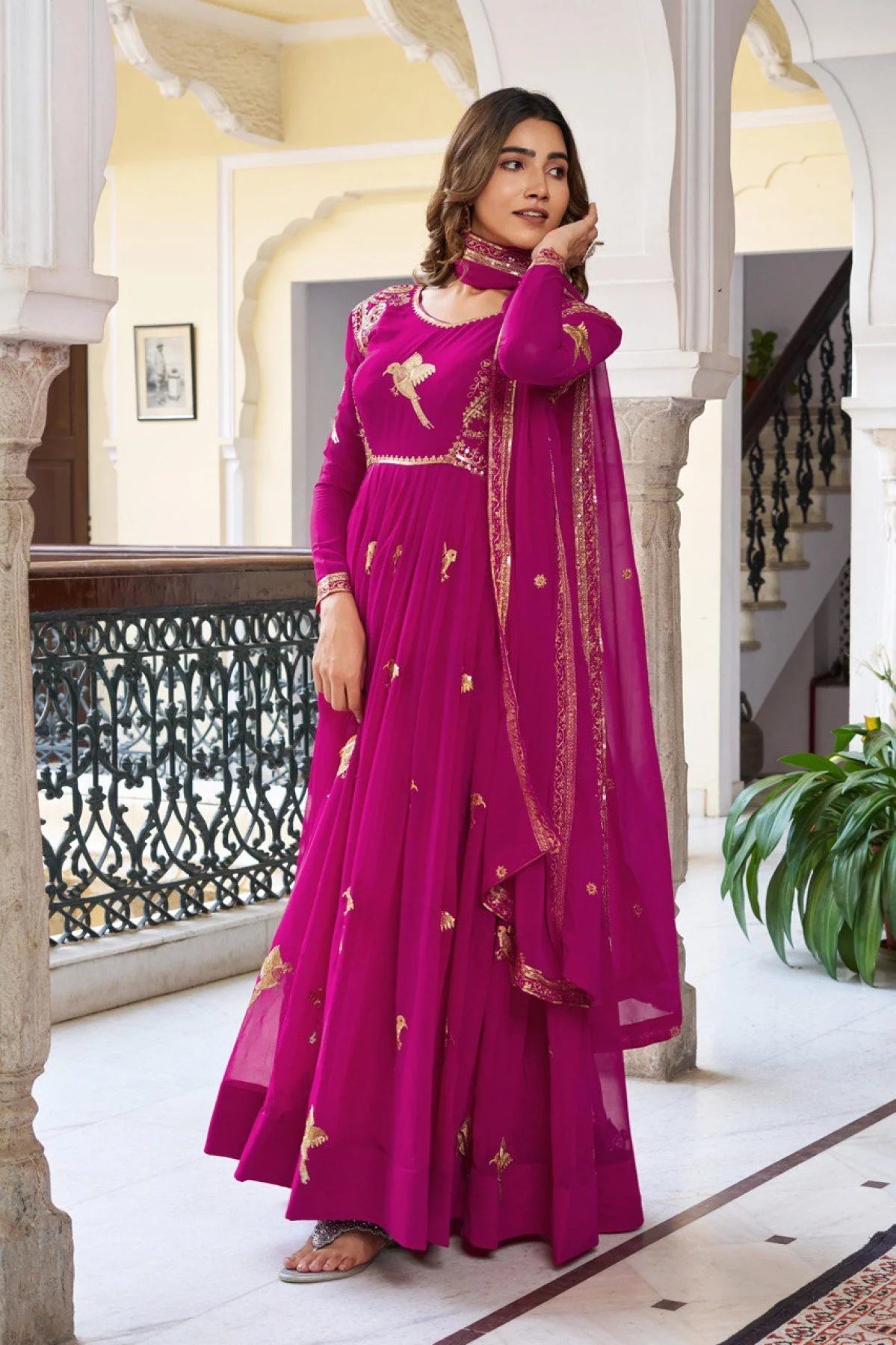 Sophisticated Magenta Embroidered Anarkali Gown Set with Dupatta for Women for Weddings and Receptions
