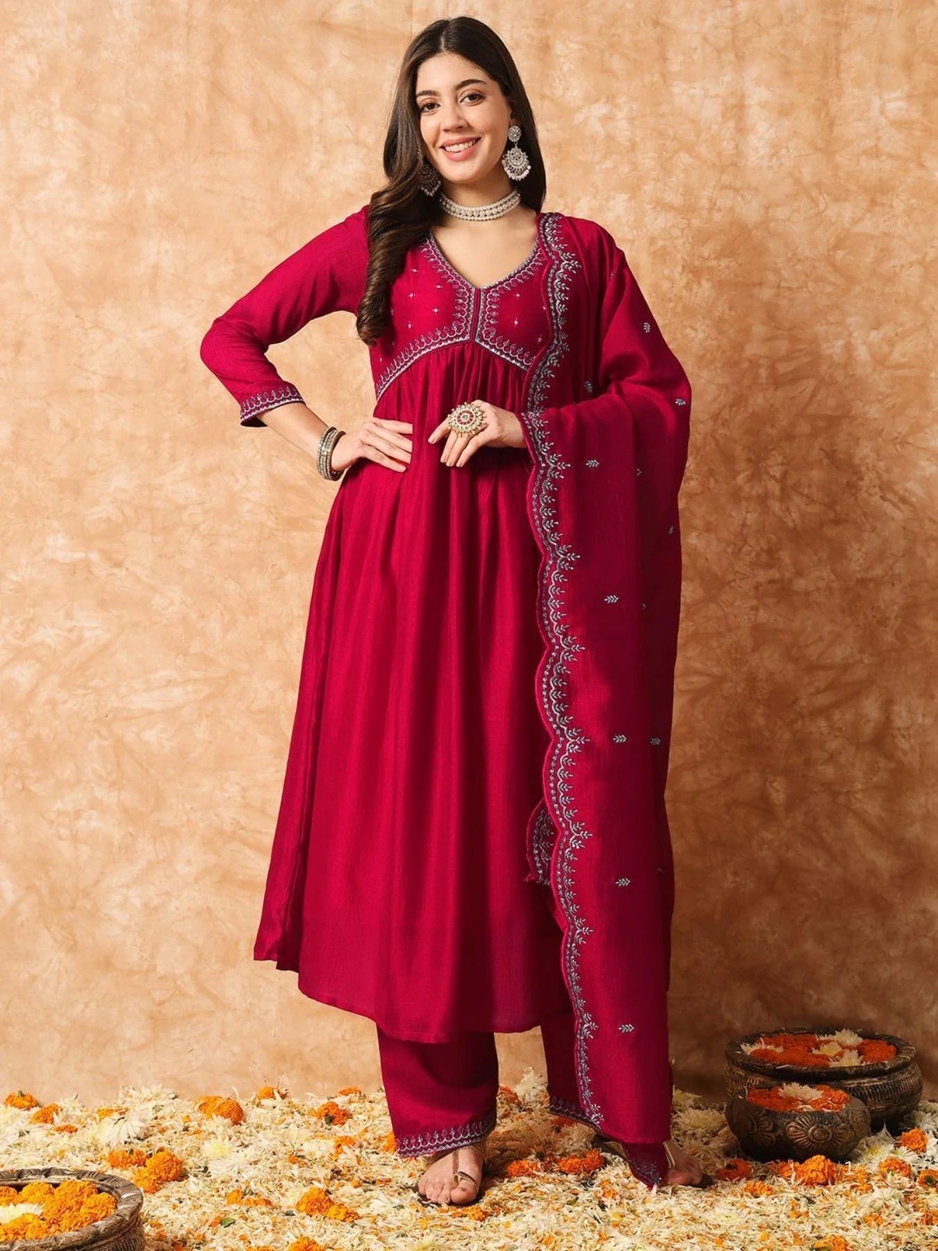 Traditional Red Vichitra Silk Kurta Set with Elegant Embroidery and Matching Chinon Dupatta for Celebrations