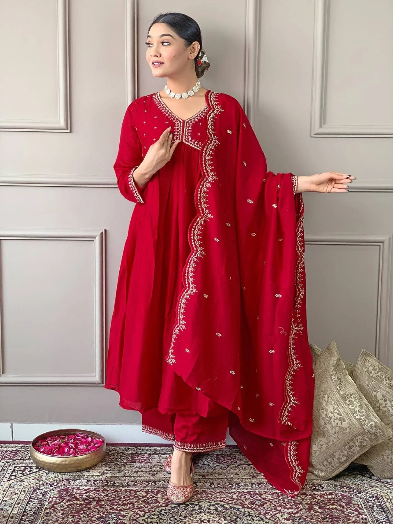 Traditional Red Vichitra Silk Kurta Set with Elegant Embroidery and Matching Chinon Dupatta for Celebrations