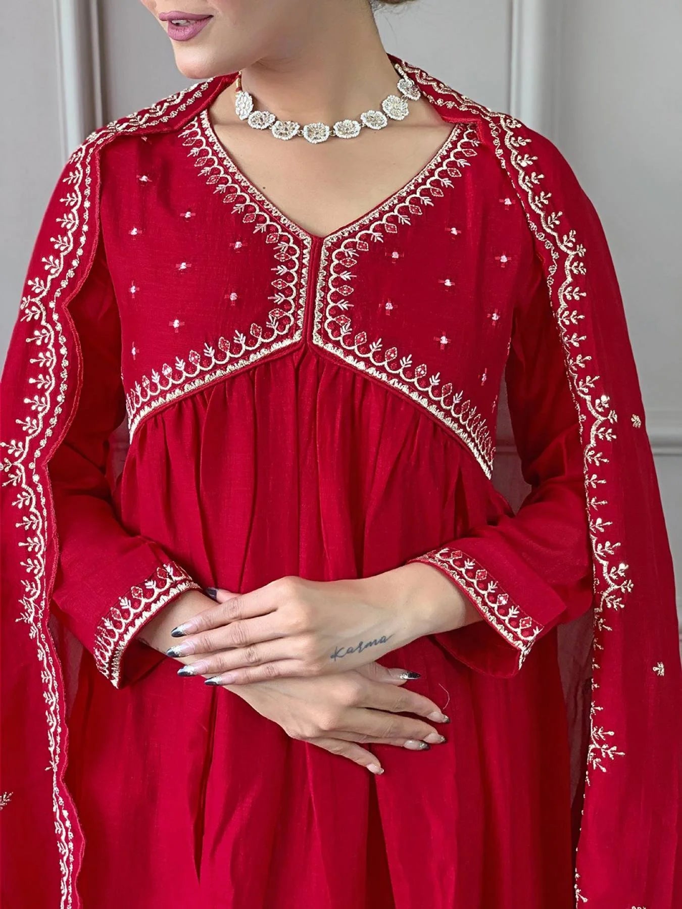 Traditional Red Vichitra Silk Kurta Set with Elegant Embroidery and Matching Chinon Dupatta for Celebrations