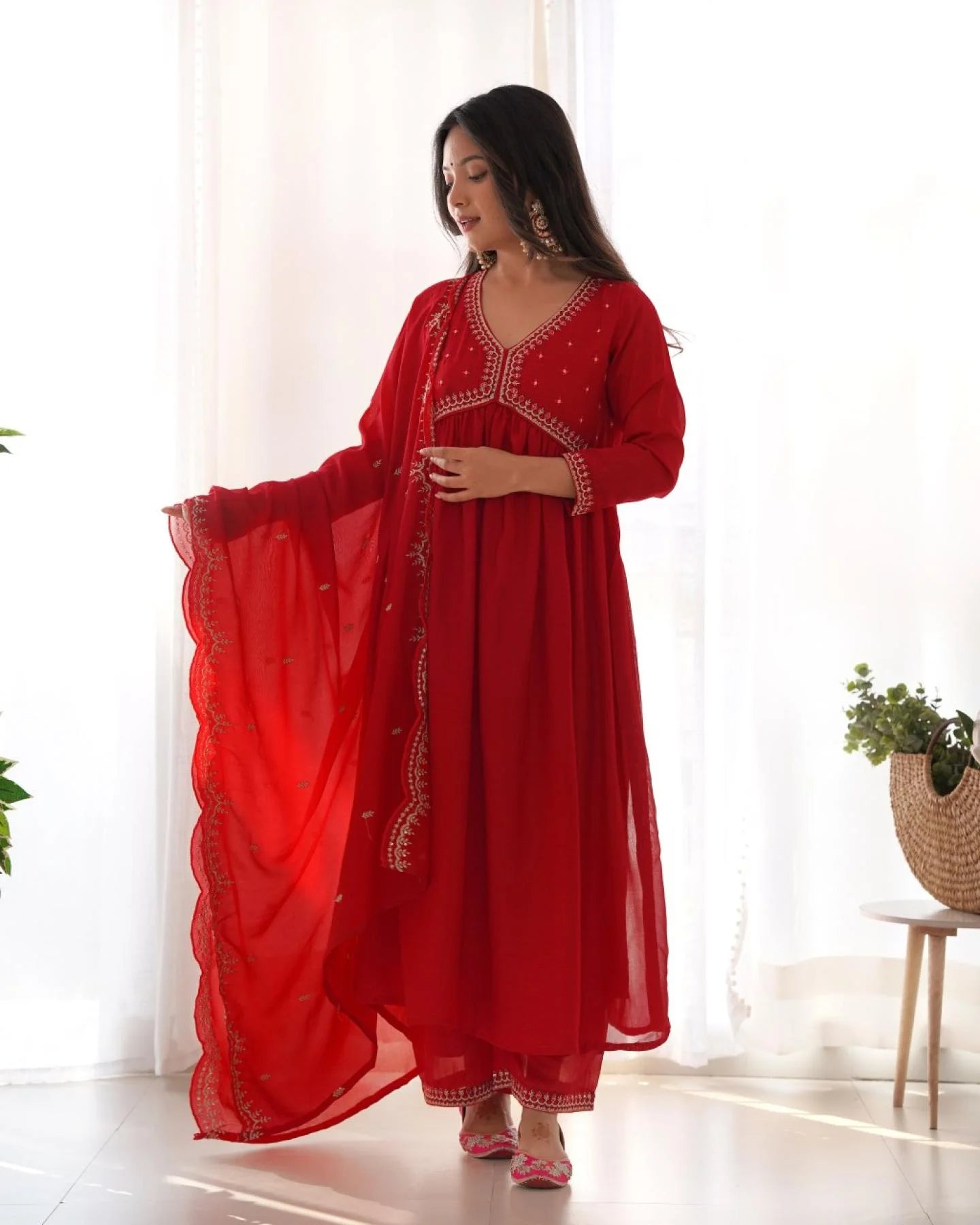Traditional Red Vichitra Silk Kurta Set with Elegant Embroidery and Matching Chinon Dupatta for Celebrations