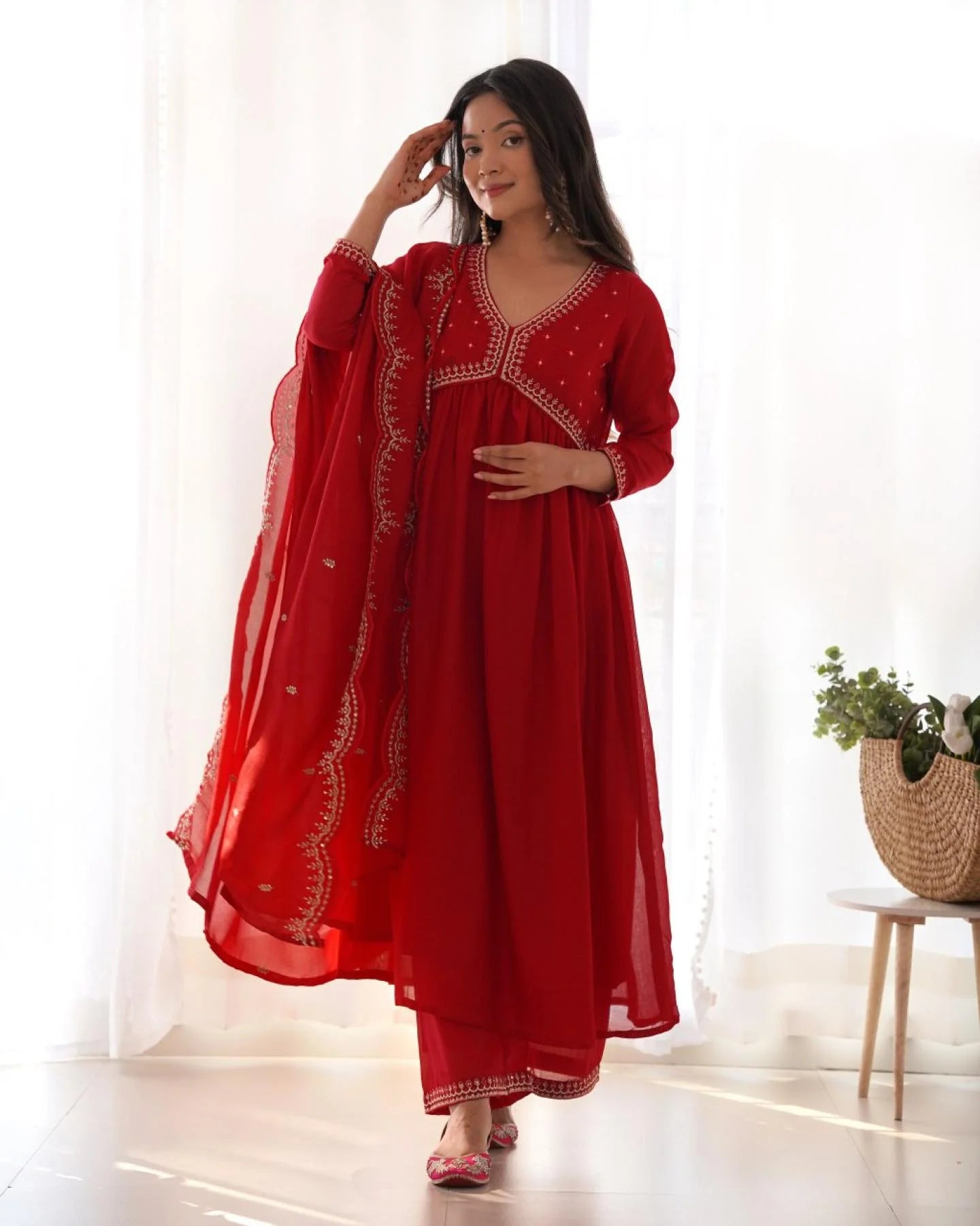 Traditional Red Vichitra Silk Kurta Set with Elegant Embroidery and Matching Chinon Dupatta for Celebrations