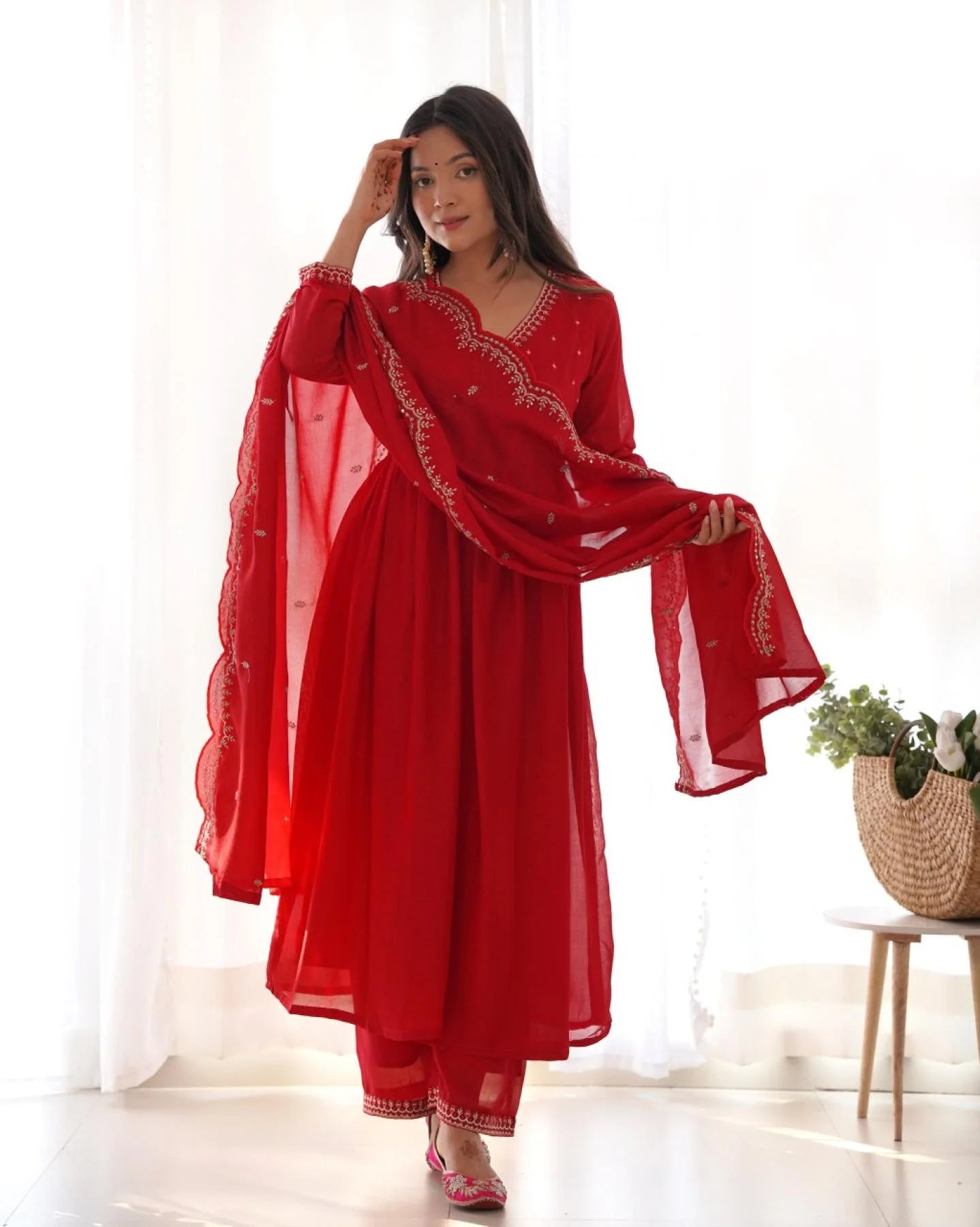 Traditional Red Vichitra Silk Kurta Set with Elegant Embroidery and Matching Chinon Dupatta for Celebrations
