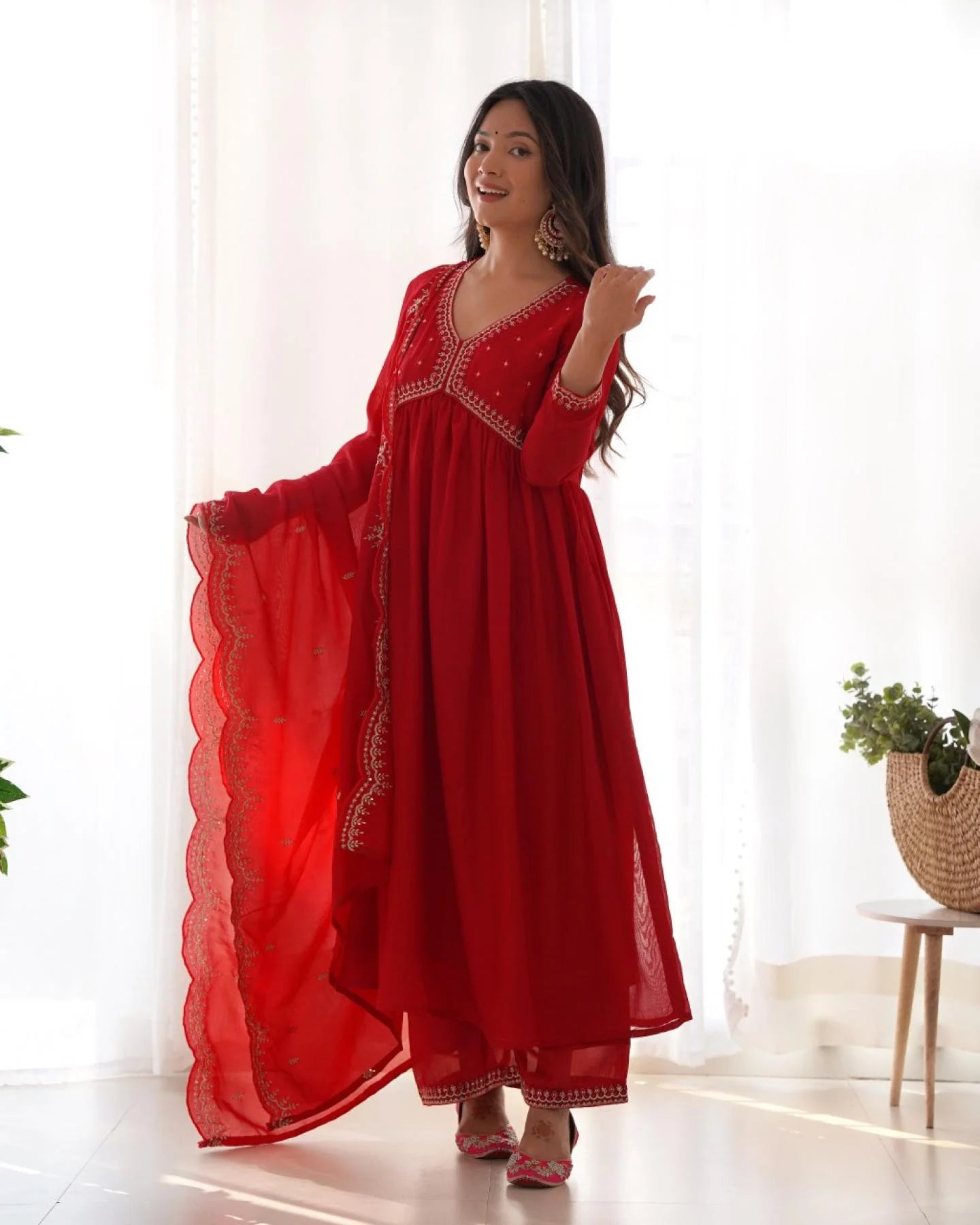 Traditional Red Vichitra Silk Kurta Set with Elegant Embroidery and Matching Chinon Dupatta for Celebrations