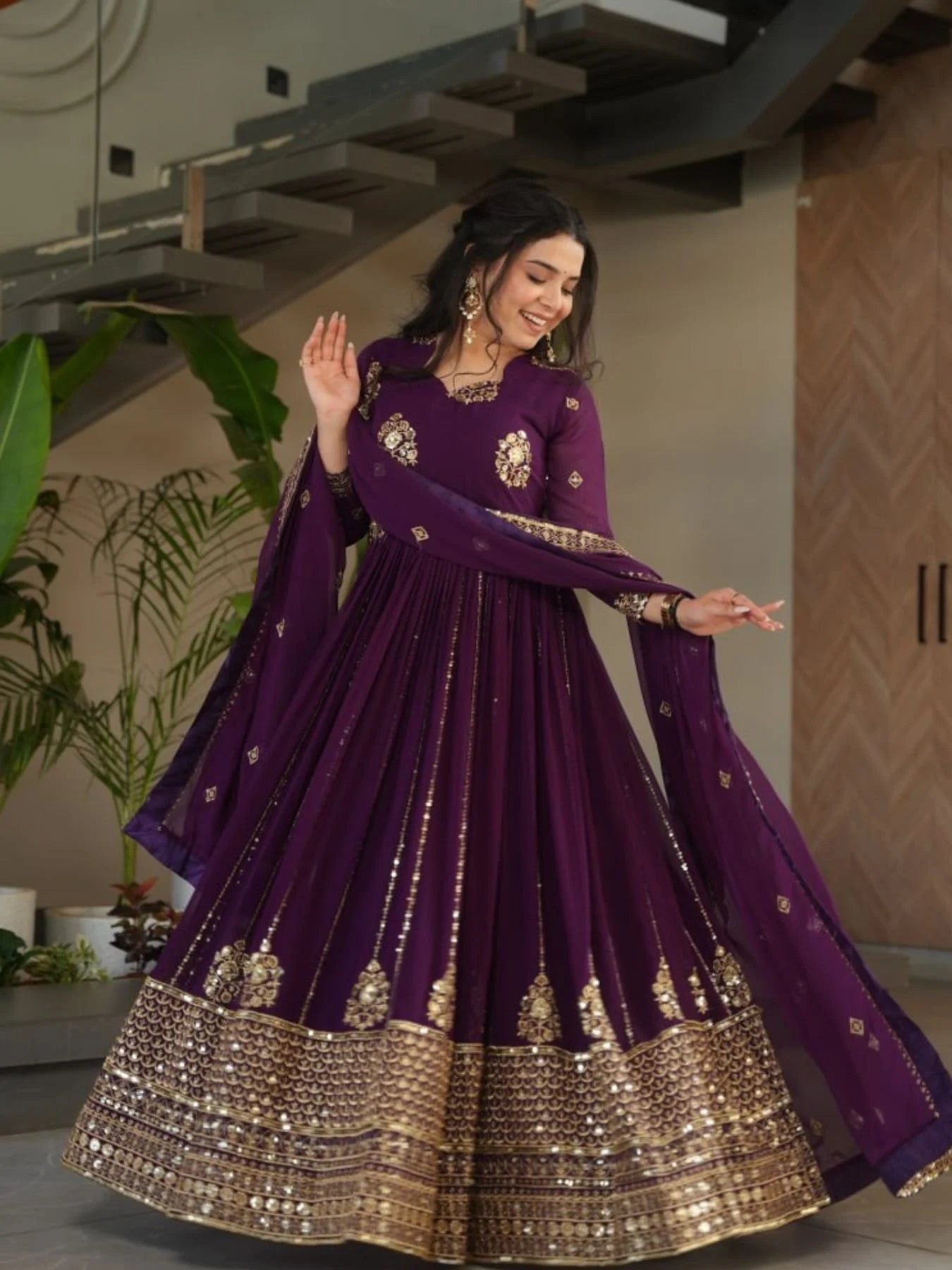 Stylish Purple Faux Georgette Anarkali Gown with Detailed Zari Mirror Embroidery for Festive Events
