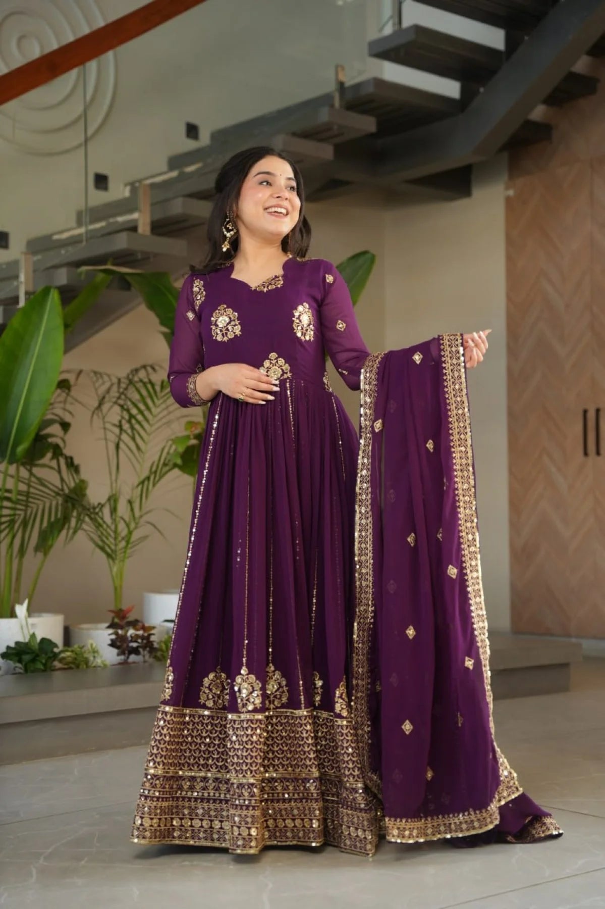 Stylish Purple Faux Georgette Anarkali Gown with Detailed Zari Mirror Embroidery for Festive Events