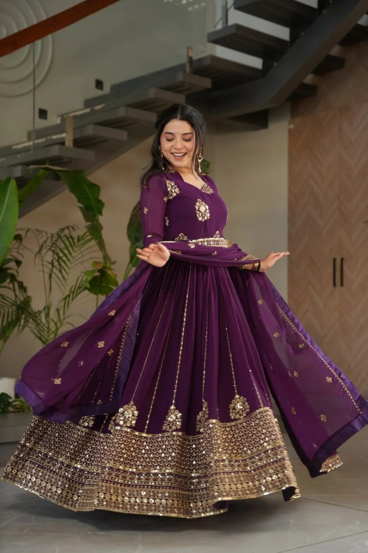 Stylish Purple Faux Georgette Anarkali Gown with Detailed Zari Mirror Embroidery for Festive Events