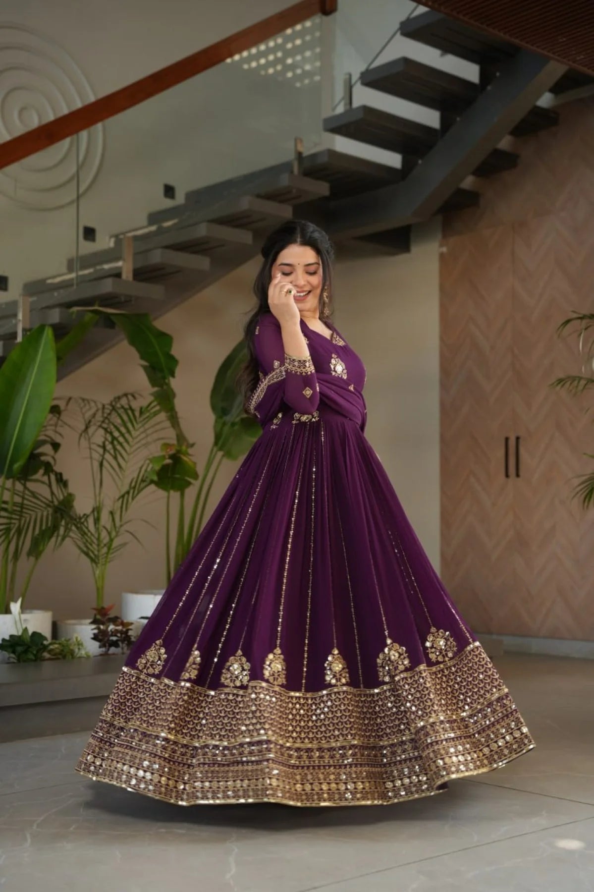 Stylish Purple Faux Georgette Anarkali Gown with Detailed Zari Mirror Embroidery for Festive Events