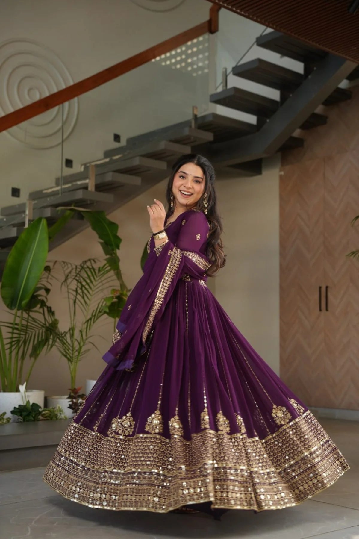 Stylish Purple Faux Georgette Anarkali Gown with Detailed Zari Mirror Embroidery for Festive Events