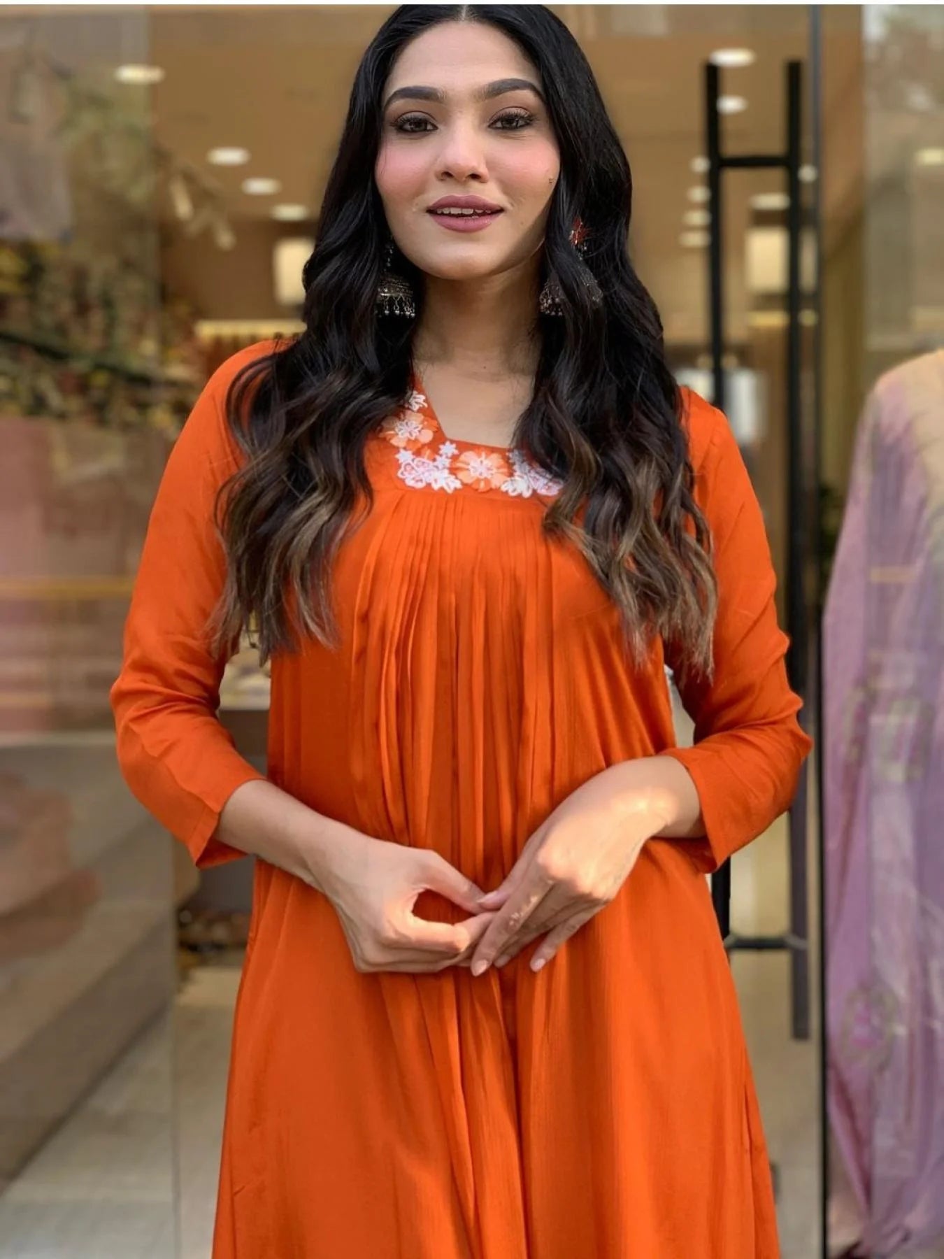 Women’s Orange Silk Chiffon Flared Kurta with Embroidered Detailing, Rayon Pant, and Elegant Dupatta for Special Occasions