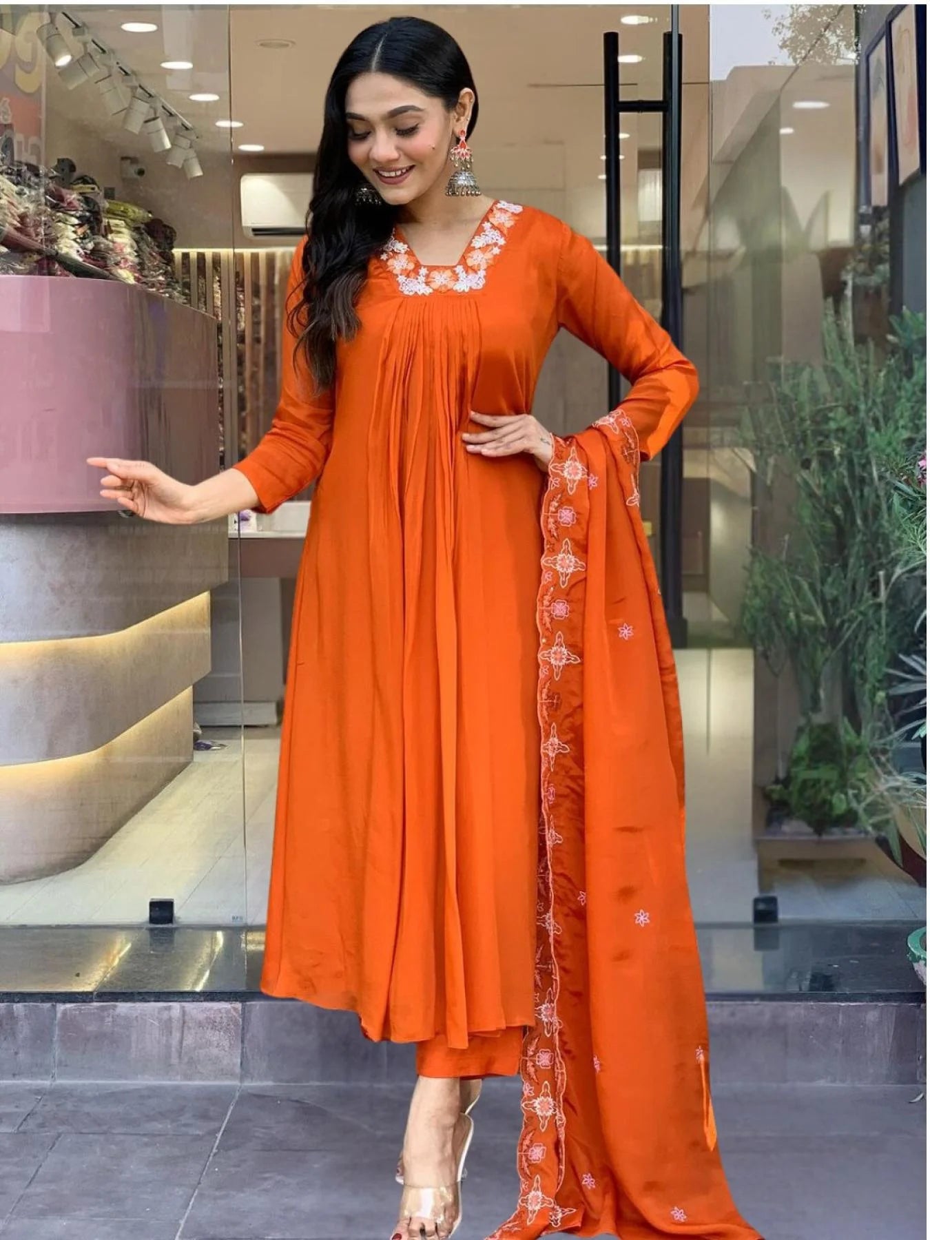 Women’s Orange Silk Chiffon Flared Kurta with Embroidered Detailing, Rayon Pant, and Elegant Dupatta for Special Occasions
