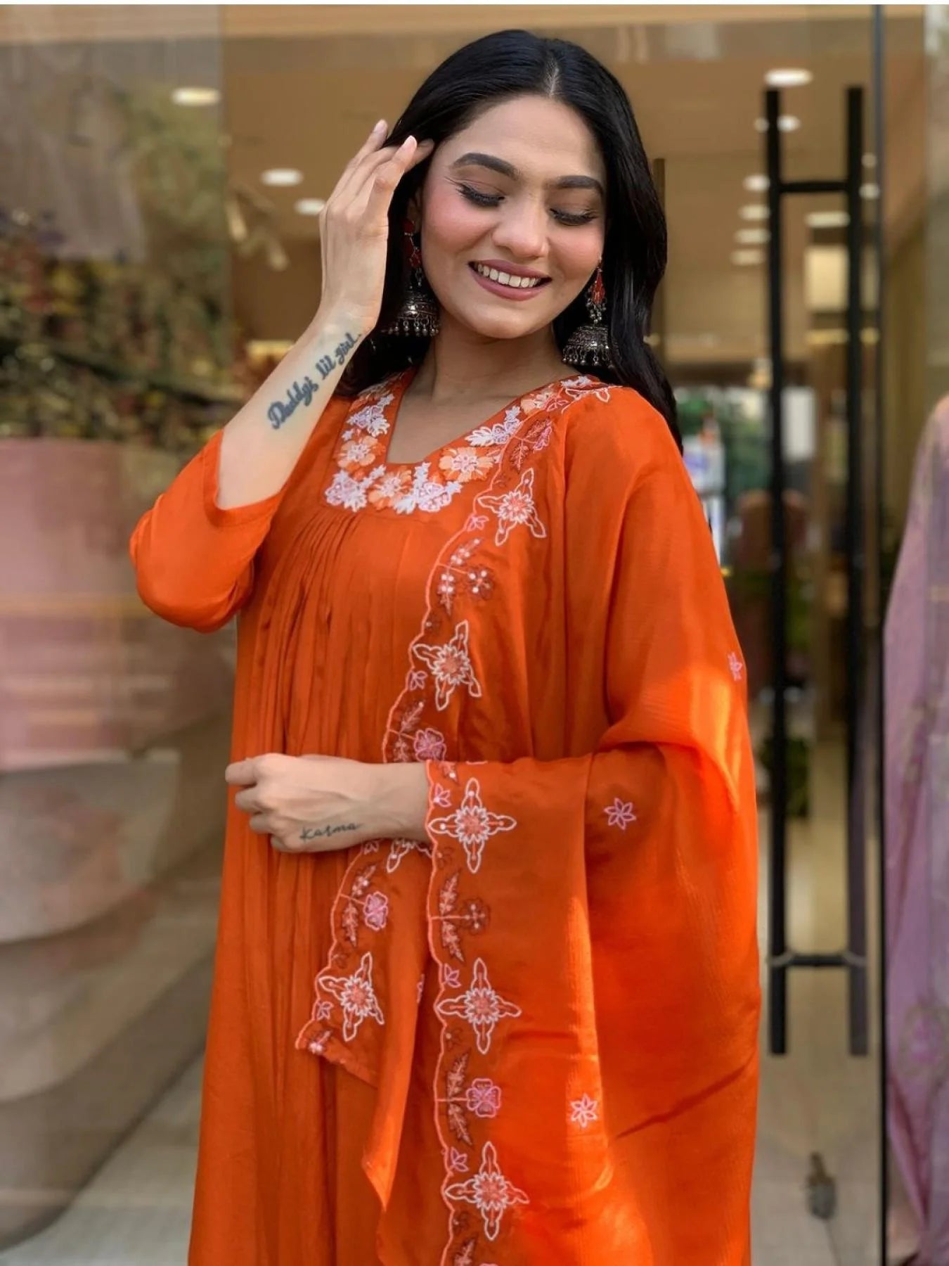 Women’s Orange Silk Chiffon Flared Kurta with Embroidered Detailing, Rayon Pant, and Elegant Dupatta for Special Occasions