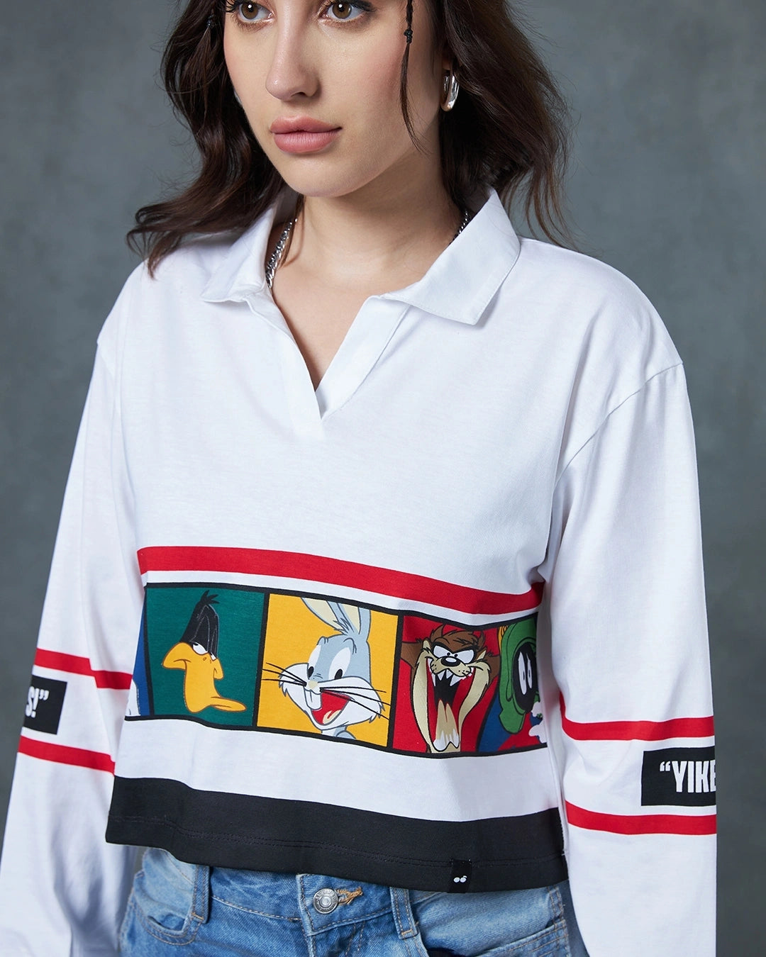 Trendy White Looney Tunes Graphic Polo Short Top for Women Casual Wear