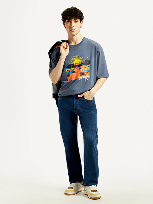 Relaxed Style Dark Indigo Mid Rise Loose Fit Jeans for Men’s Wardrobe