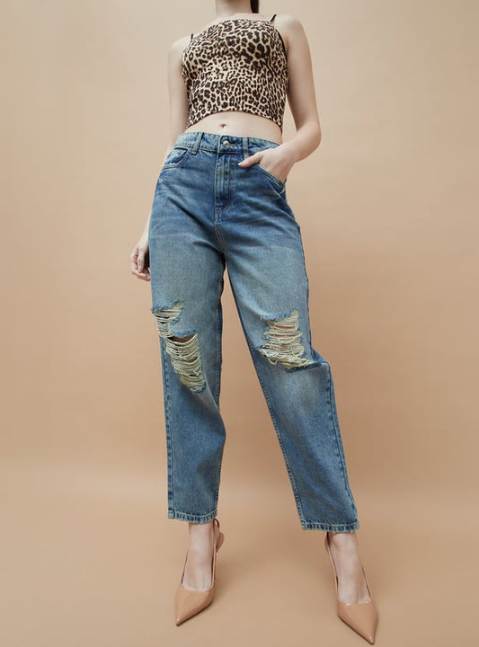 Soft Denim Distressed Regular Fit Jeans with Stretchable Comfort