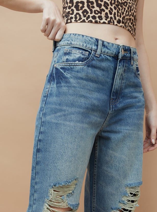 Soft Denim Distressed Regular Fit Jeans with Stretchable Comfort