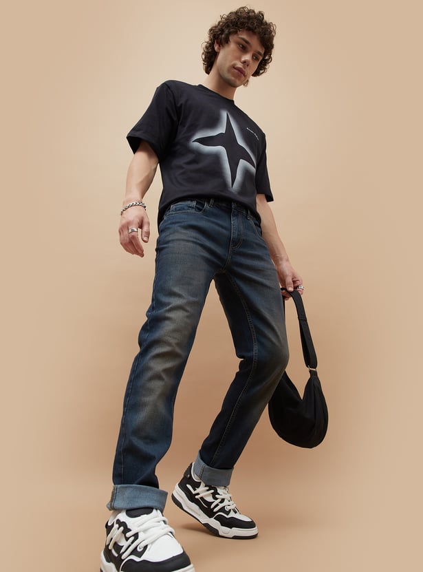 Soft Washed Slim Tapered Jeans for Men Comfortable Slim Denim Fit