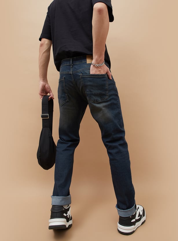 Soft Washed Slim Tapered Jeans for Men Comfortable Slim Denim Fit