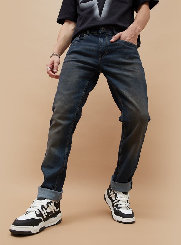 Soft Washed Slim Tapered Jeans for Men Comfortable Slim Denim Fit