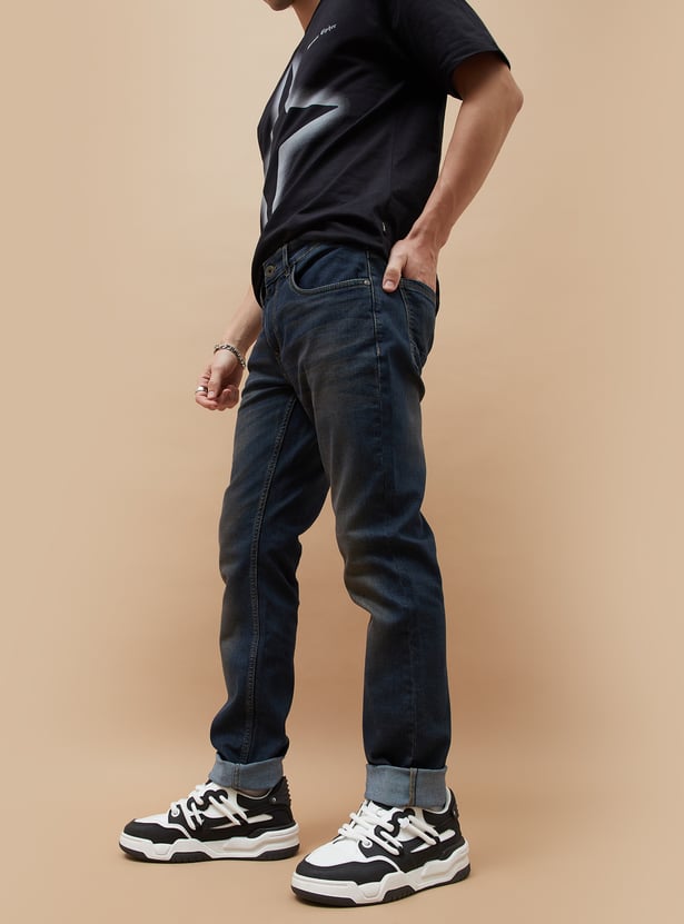 Soft Washed Slim Tapered Jeans for Men Comfortable Slim Denim Fit